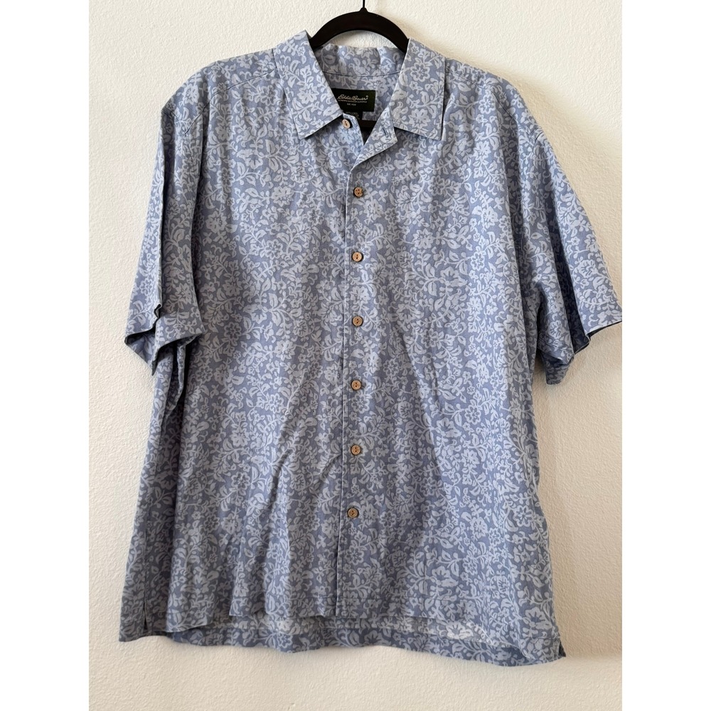 Eddie Bauer Linen Blend Button Down Shirt Large Blue Short Sleeve Hawaiian Beach
